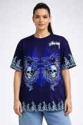 Kadın Oversize Tişört Dragon & Kuru Kafa Baskılı Bisiklet Yaka T-Shirt - Lacivert