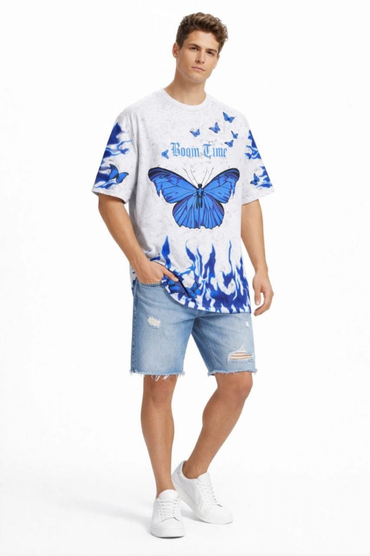 Erkek Asit Yıkamalı Oversize Tişört Bisiklet Yaka Kısa Kol T-shirt - Beyaz