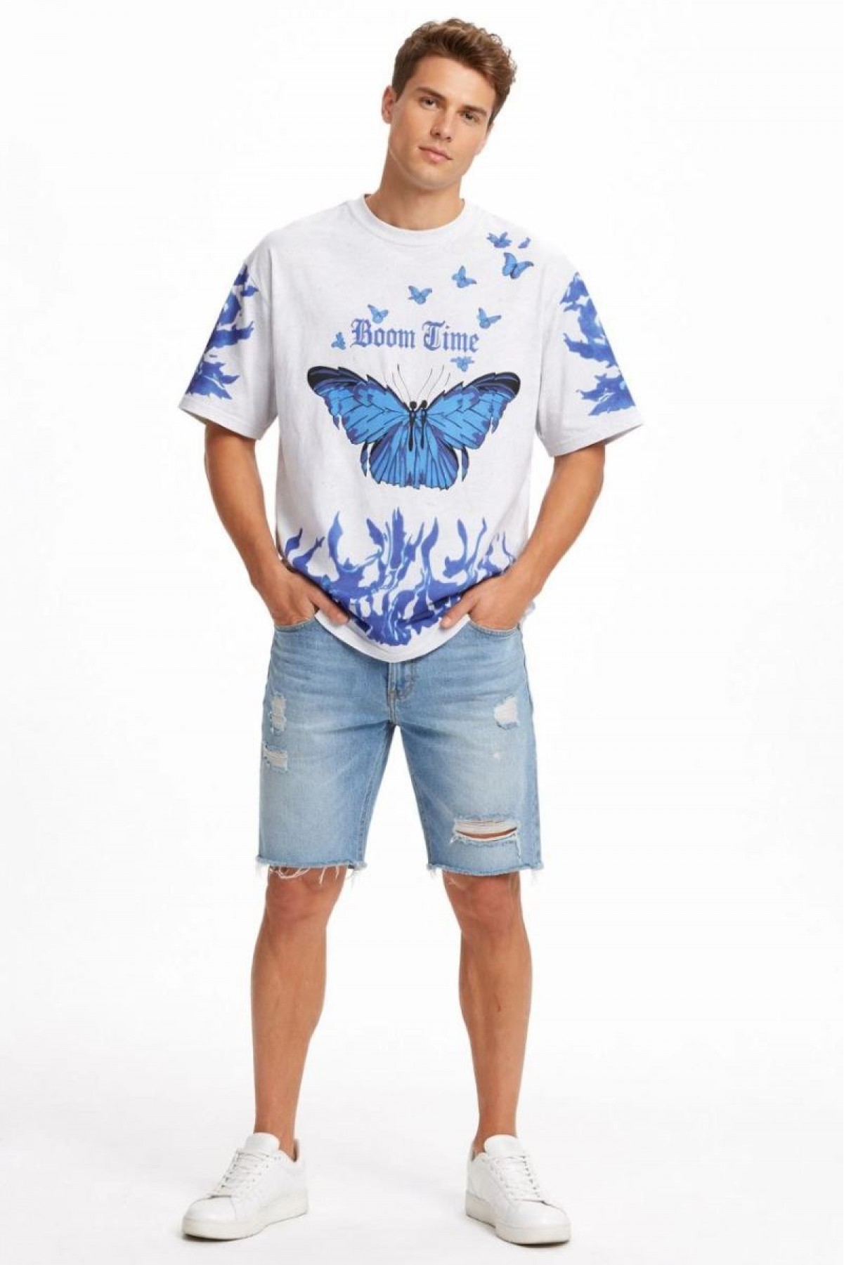 Erkek Asit Yıkamalı Oversize Tişört Bisiklet Yaka Kısa Kol T-shirt - Beyaz