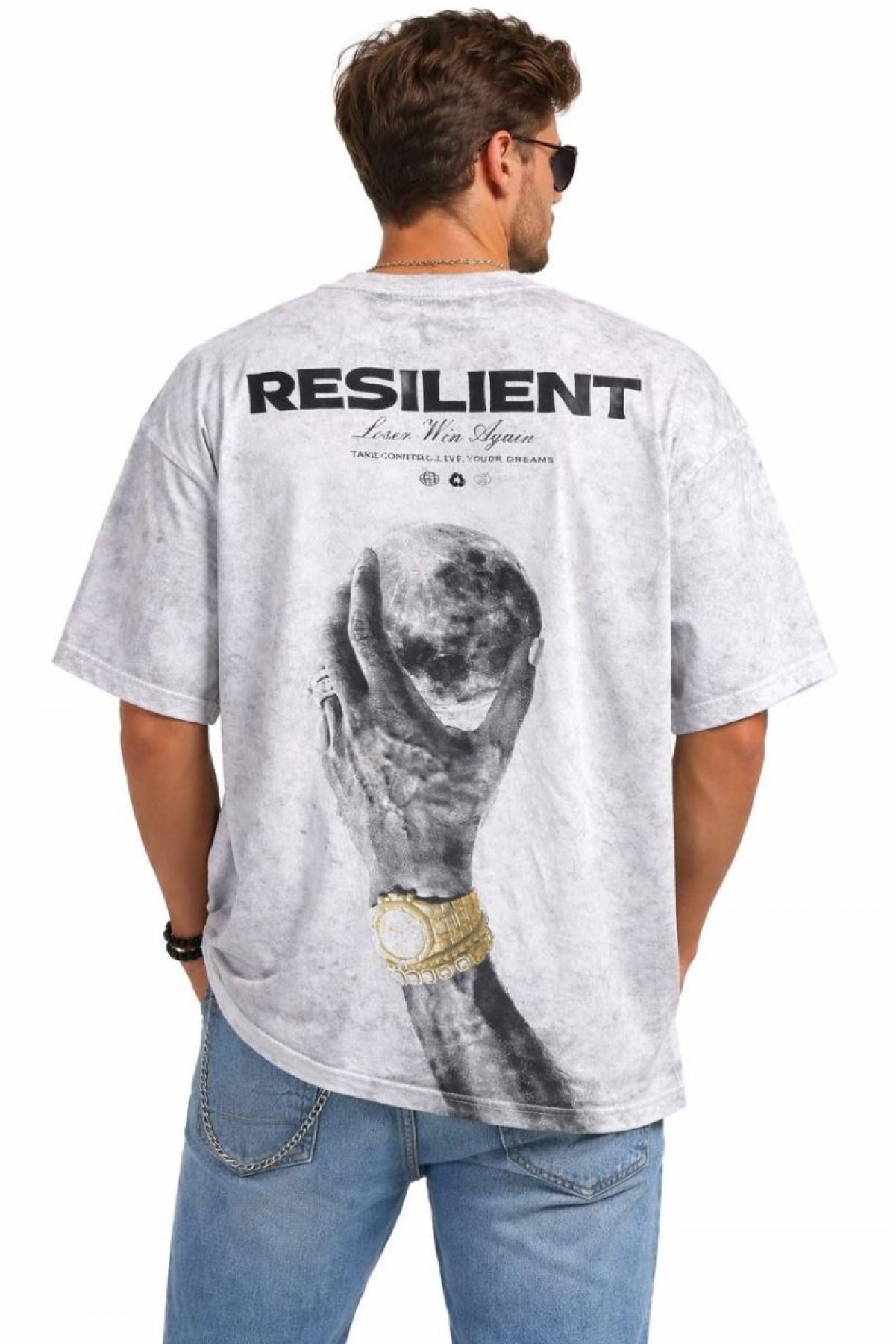 Erkek Asit Yıkamalı Oversize Tişört Bisiklet Yaka Kısa Kol T-shirt - Beyaz