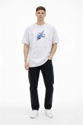 Erkek Asit Yıkamalı Oversize Tişört Bisiklet Yaka Kısa Kol T-shirt - Beyaz