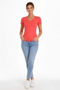 Kadın T-Shirt V Yaka Slim Fit Likralı Tişört Yazlık Basic Body - Nar Çiçeği