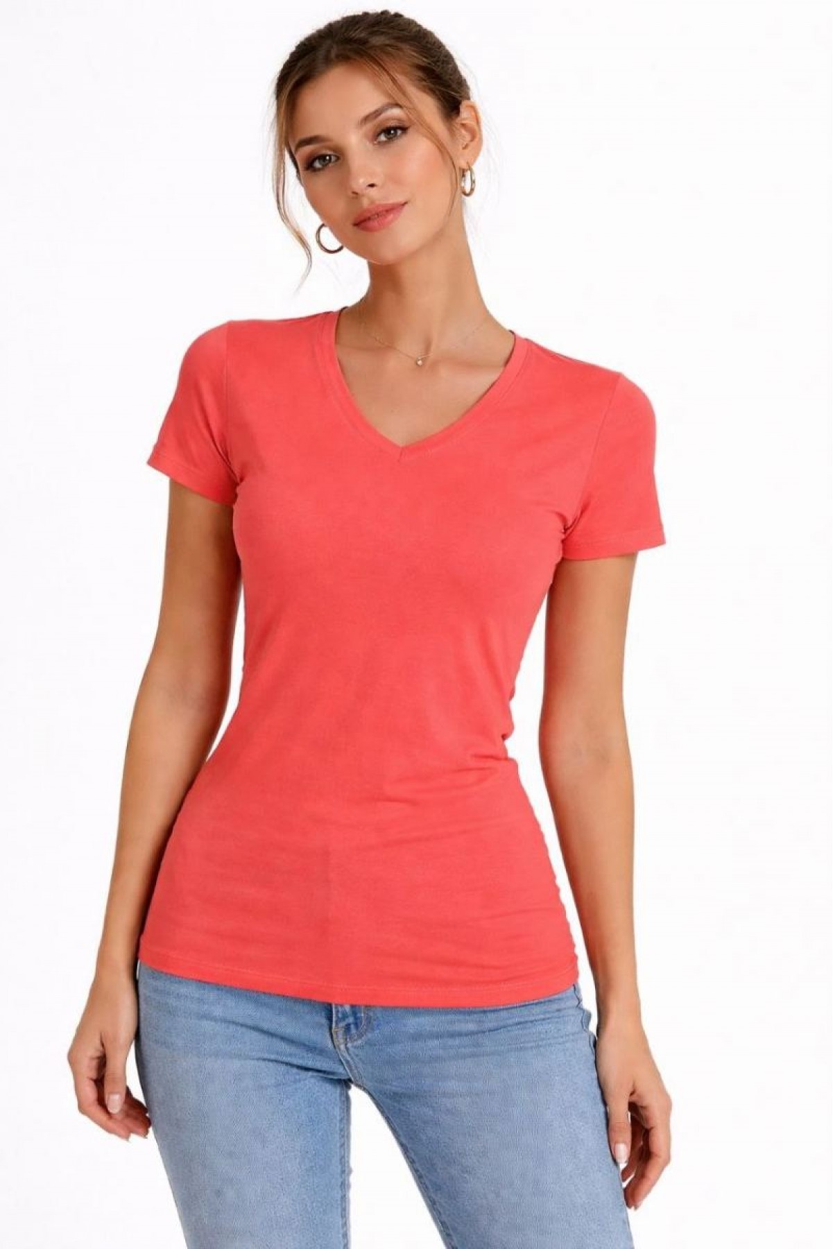 Kadın T-Shirt V Yaka Slim Fit Likralı Tişört Yazlık Basic Body - Nar Çiçeği