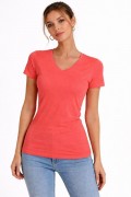 Kadın T-Shirt V Yaka Slim Fit Likralı Tişört Yazlık Basic Body - Nar Çiçeği