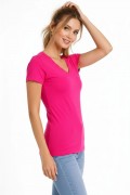 Kadın T-Shirt V Yaka Slim Fit Likralı Tişört Yazlık Basic Body - Pembe