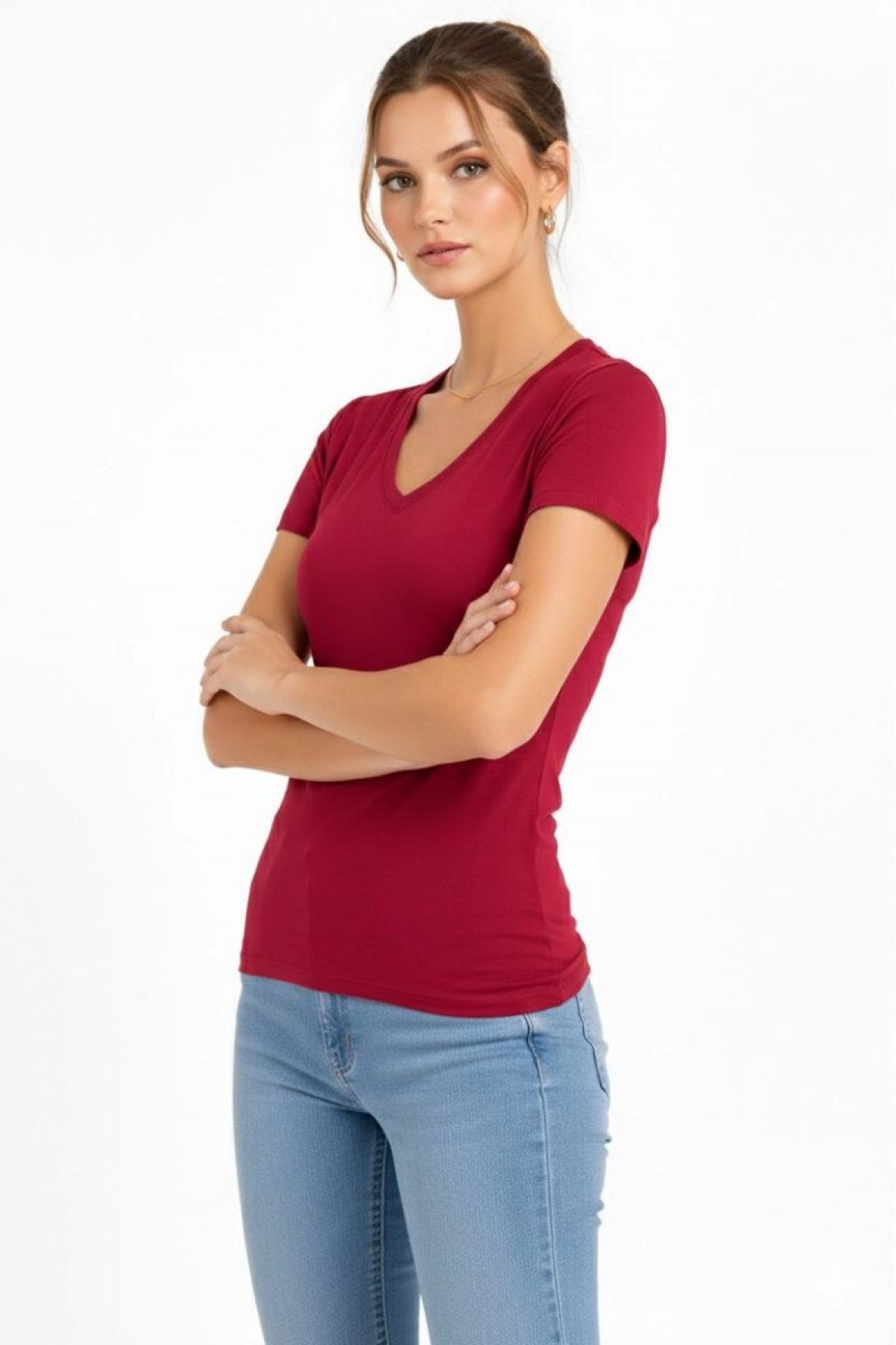 Kadın T-Shirt V Yaka Slim Fit Likralı Tişört Yazlık Basic Body - Kırmızı