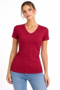 Kadın T-Shirt V Yaka Slim Fit Likralı Tişört Yazlık Basic Body - Kırmızı