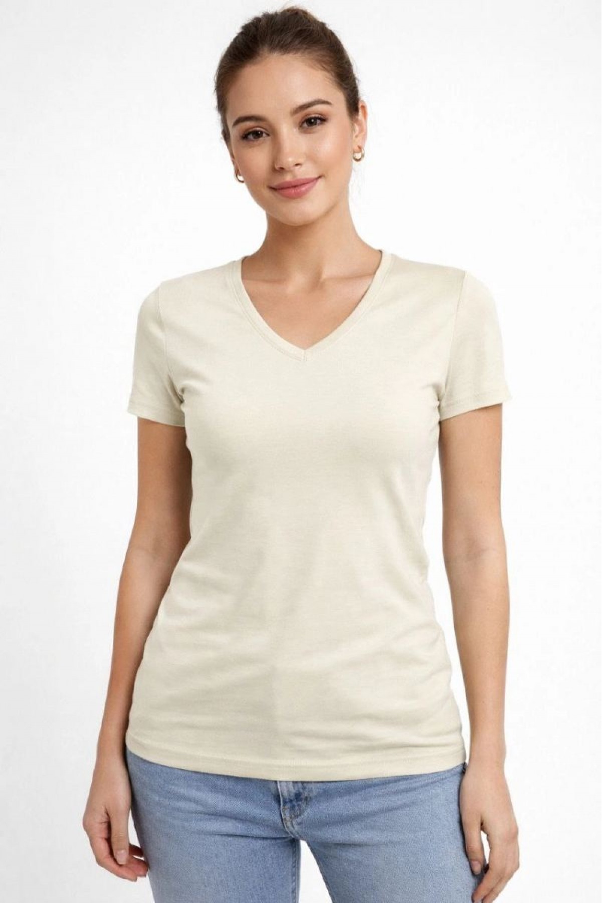 Kadın T-Shirt V Yaka Slim Fit Likralı Tişört Yazlık Basic Body - Taş