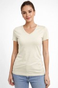 Kadın T-Shirt V Yaka Slim Fit Likralı Tişört Yazlık Basic Body - Taş