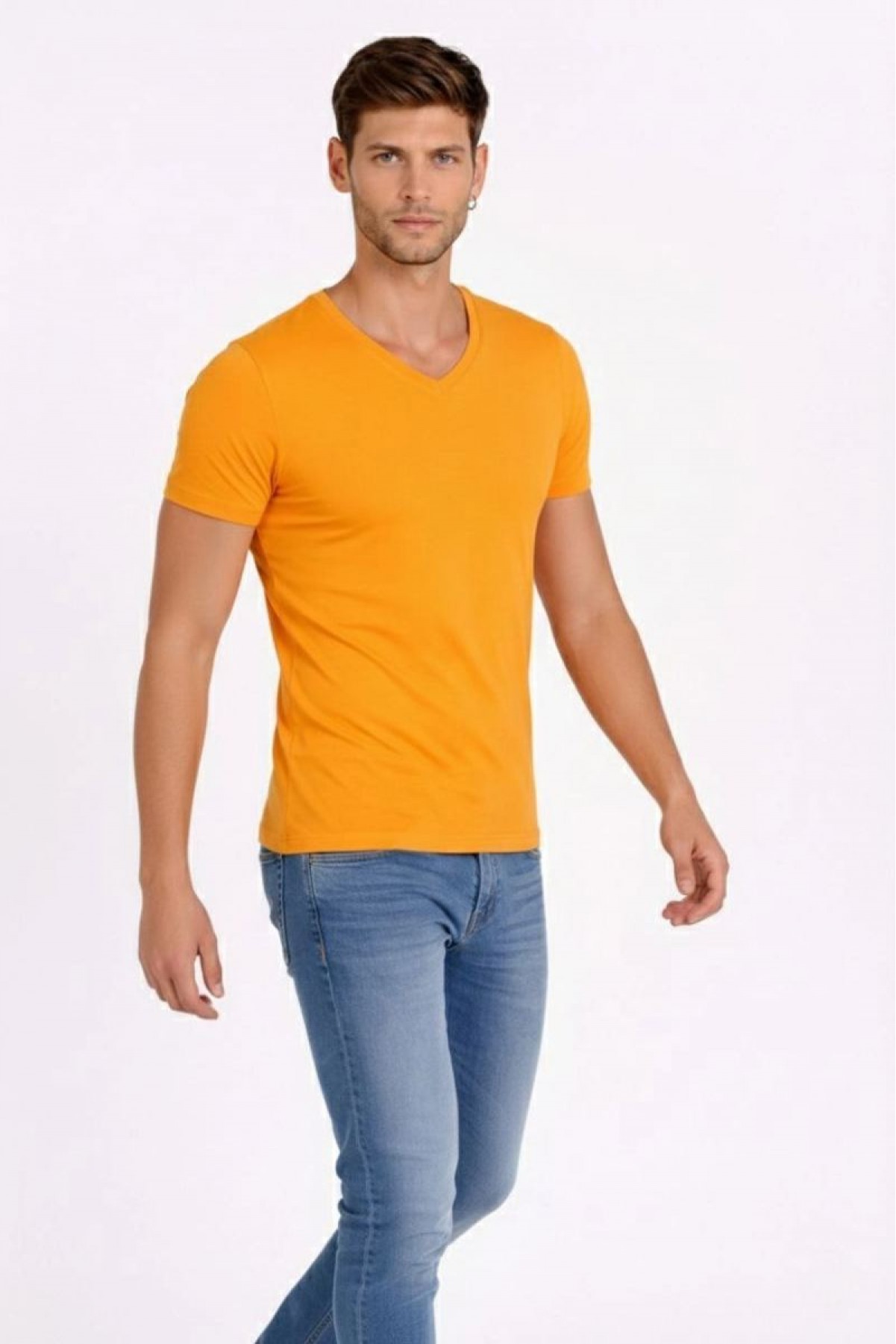 Erkek Body T-shirt V Yaka Slim Fit Likralı Kısa kol Tişört - Sarı