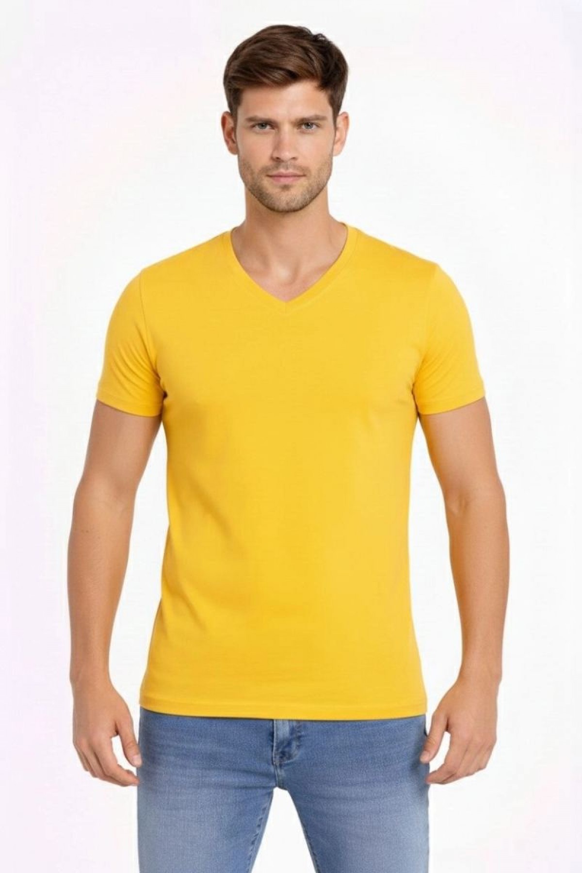 Erkek Body T-shirt V Yaka Slim Fit Likralı Kısa kol Tişört - Limon