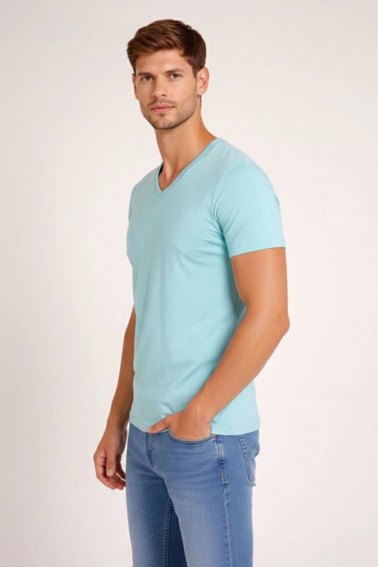 Erkek Body T-shirt V Yaka Slim Fit Likralı Kısa kol Tişört - Turkuvaz