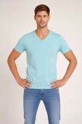 Erkek Body T-shirt V Yaka Slim Fit Likralı Kısa kol Tişört - Turkuvaz
