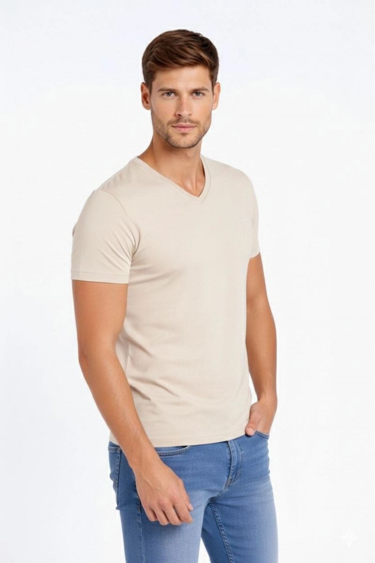Erkek Body T-shirt V Yaka Slim Fit Likralı Kısa kol Tişört - Taş