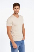 Erkek Body T-shirt V Yaka Slim Fit Likralı Kısa kol Tişört - Taş