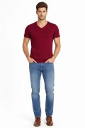 Erkek Body T-shirt V Yaka Slim Fit Likralı Kısa kol Tişört - Bordo