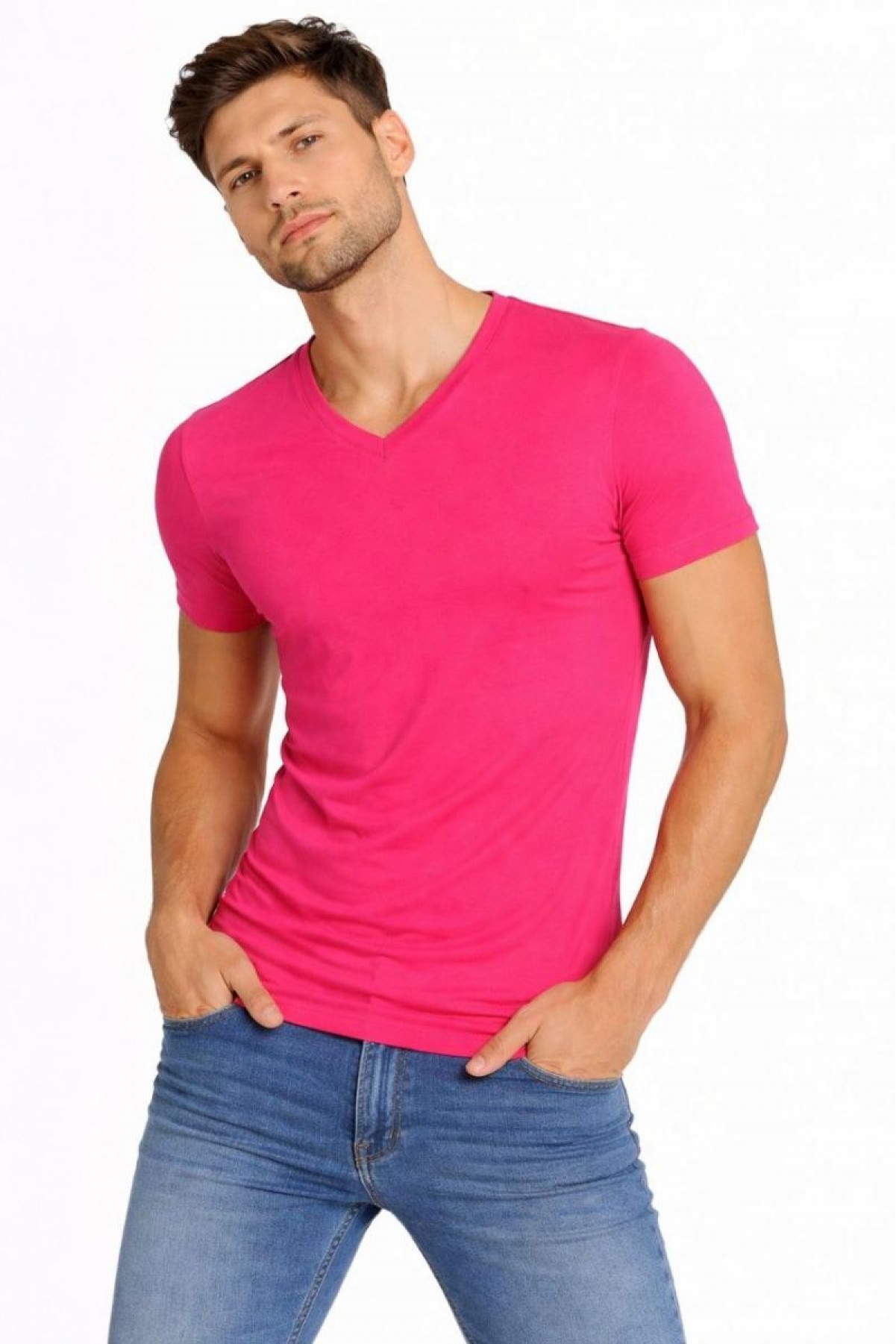 Erkek Body T-shirt V Yaka Slim Fit Likralı Kısa kol Tişört - Pembe