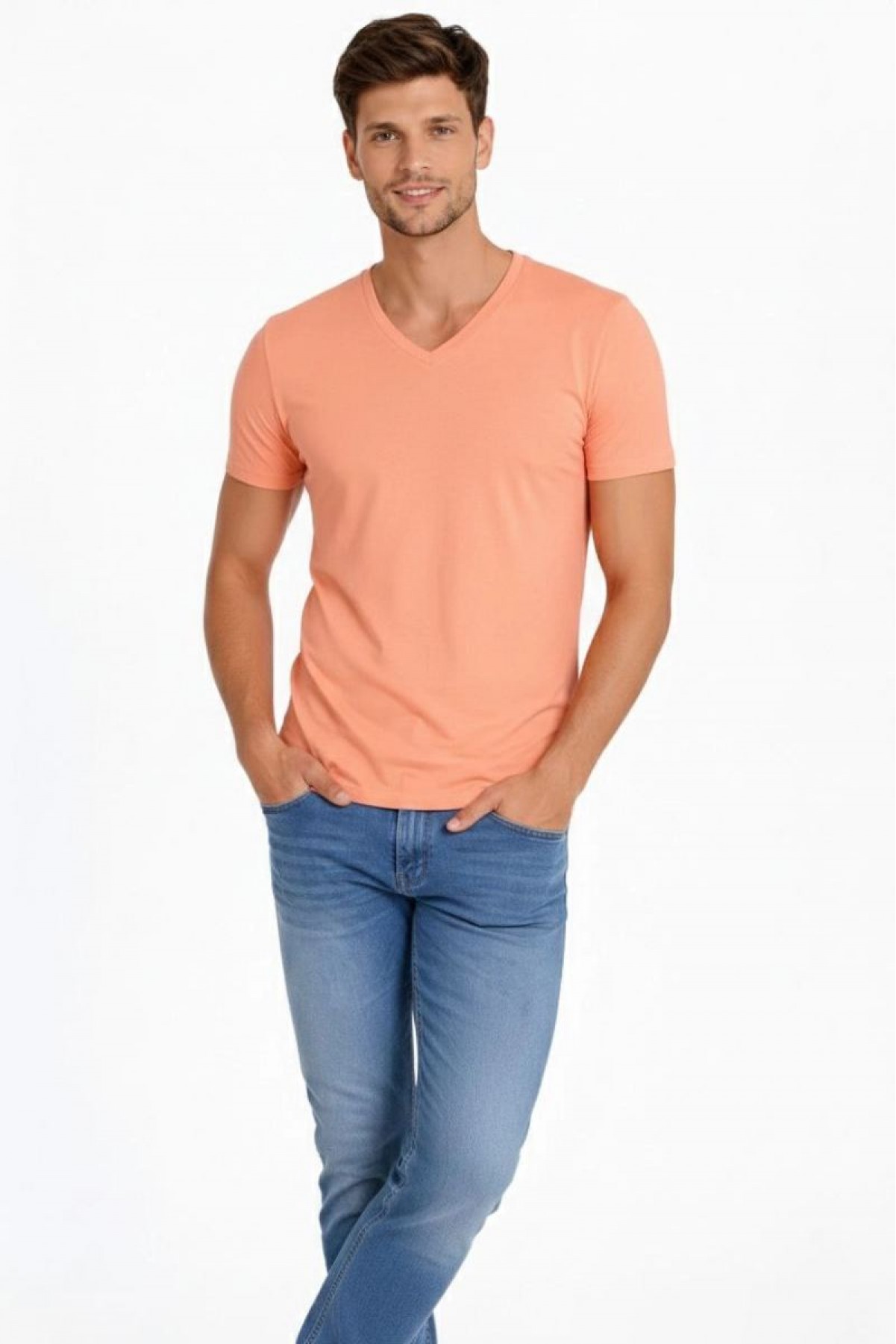 Erkek Body T-shirt V Yaka Slim Fit Likralı Kısa kol Tişört - Toz Pembe