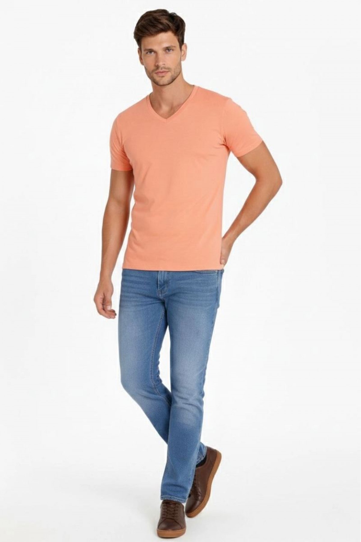 Erkek Body T-shirt V Yaka Slim Fit Likralı Kısa kol Tişört - Toz Pembe