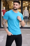 Erkek Body Tişört Bisiklet Yaka Slim Fit Likralı T-Shirt - Açık Mavi
