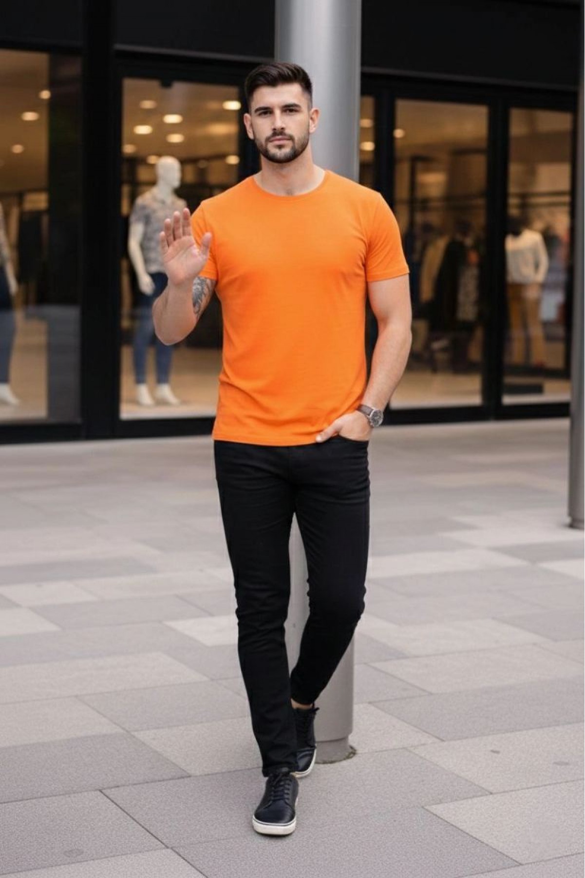 Erkek Body Tişört Bisiklet Yaka Slim Fit Likralı T-Shirt - Turuncu