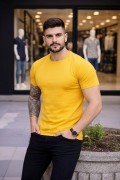Erkek Body Tişört Bisiklet Yaka Slim Fit Likralı T-Shirt - Sarı