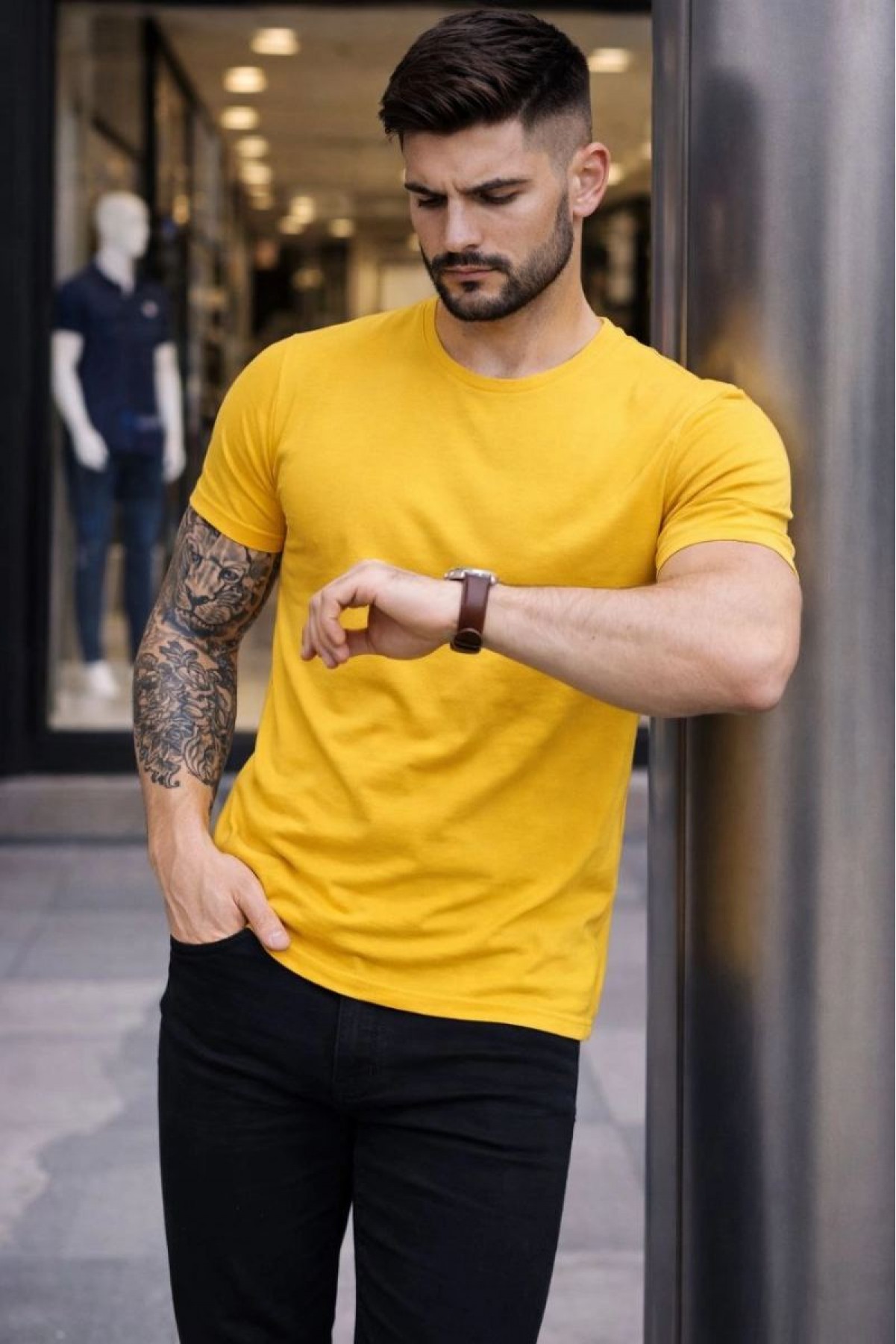 Erkek Body Tişört Bisiklet Yaka Slim Fit Likralı T-Shirt - Sarı