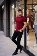 Erkek Body Tişört Bisiklet Yaka Slim Fit Likralı T-Shirt - Bordo