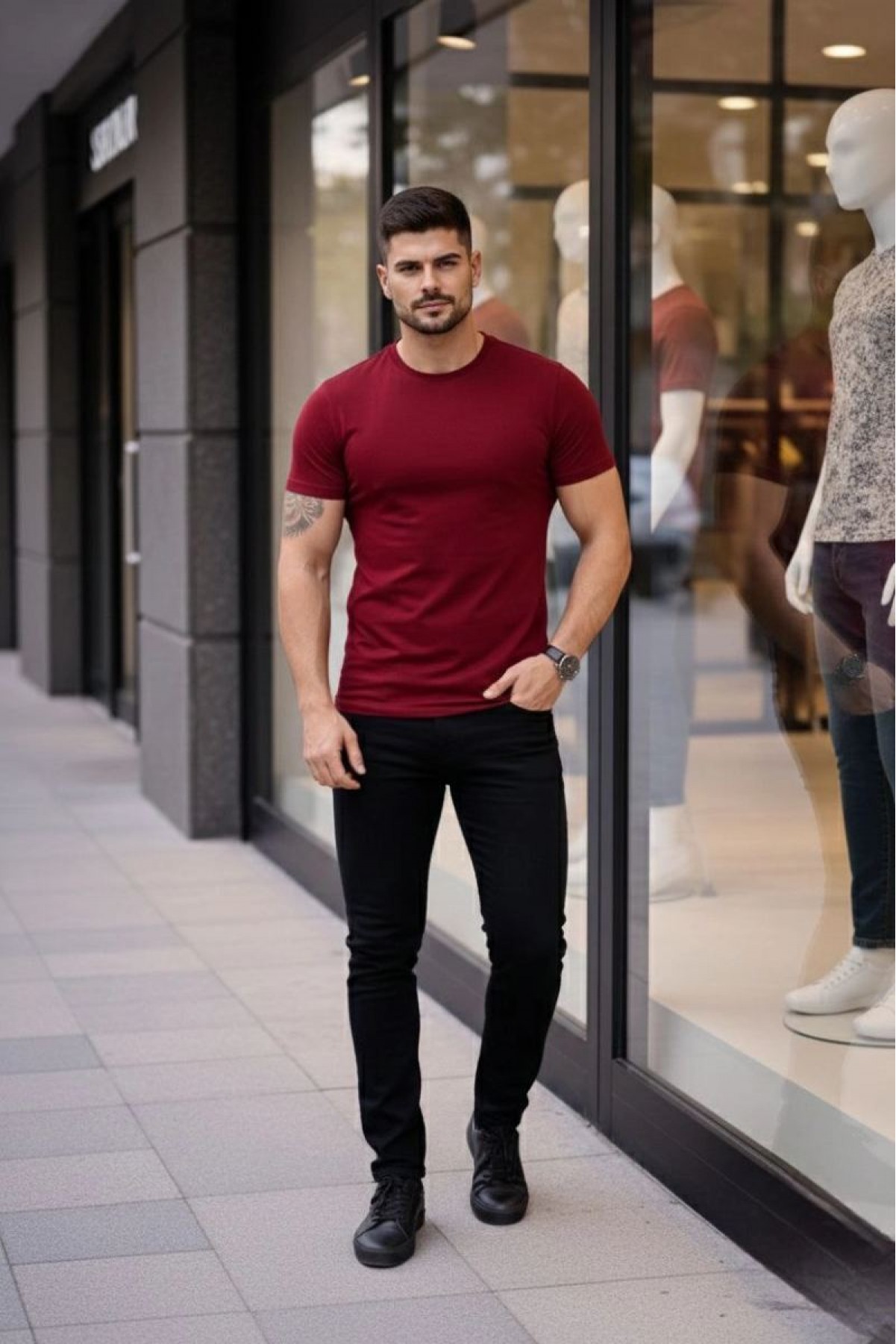 Erkek Body Tişört Bisiklet Yaka Slim Fit Likralı T-Shirt - Bordo