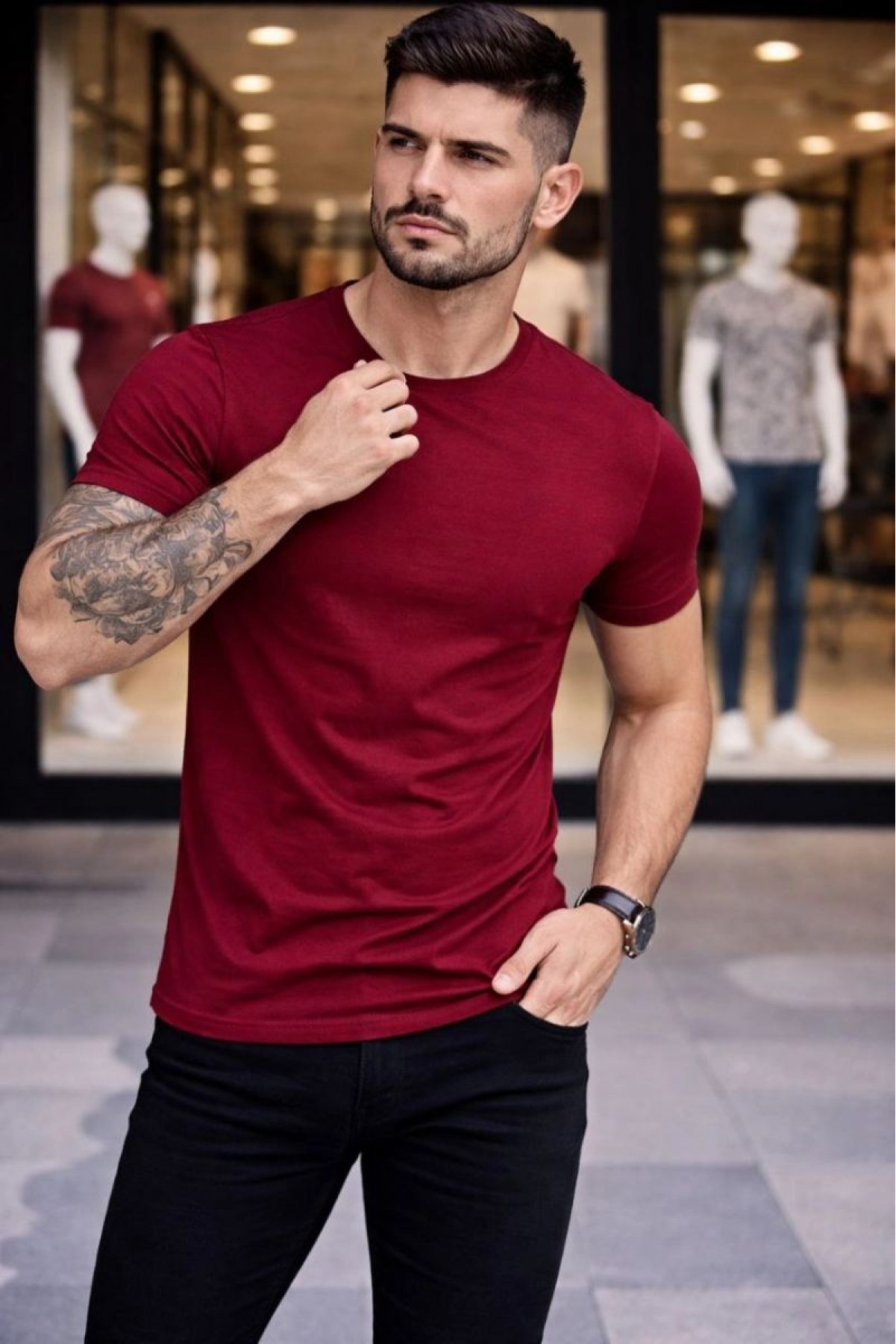 Erkek Body Tişört Bisiklet Yaka Slim Fit Likralı T-Shirt - Bordo