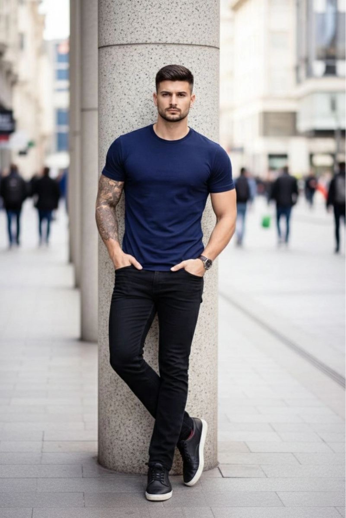 Erkek Body Tişört Bisiklet Yaka Slim Fit Likralı T-Shirt - Lacivert