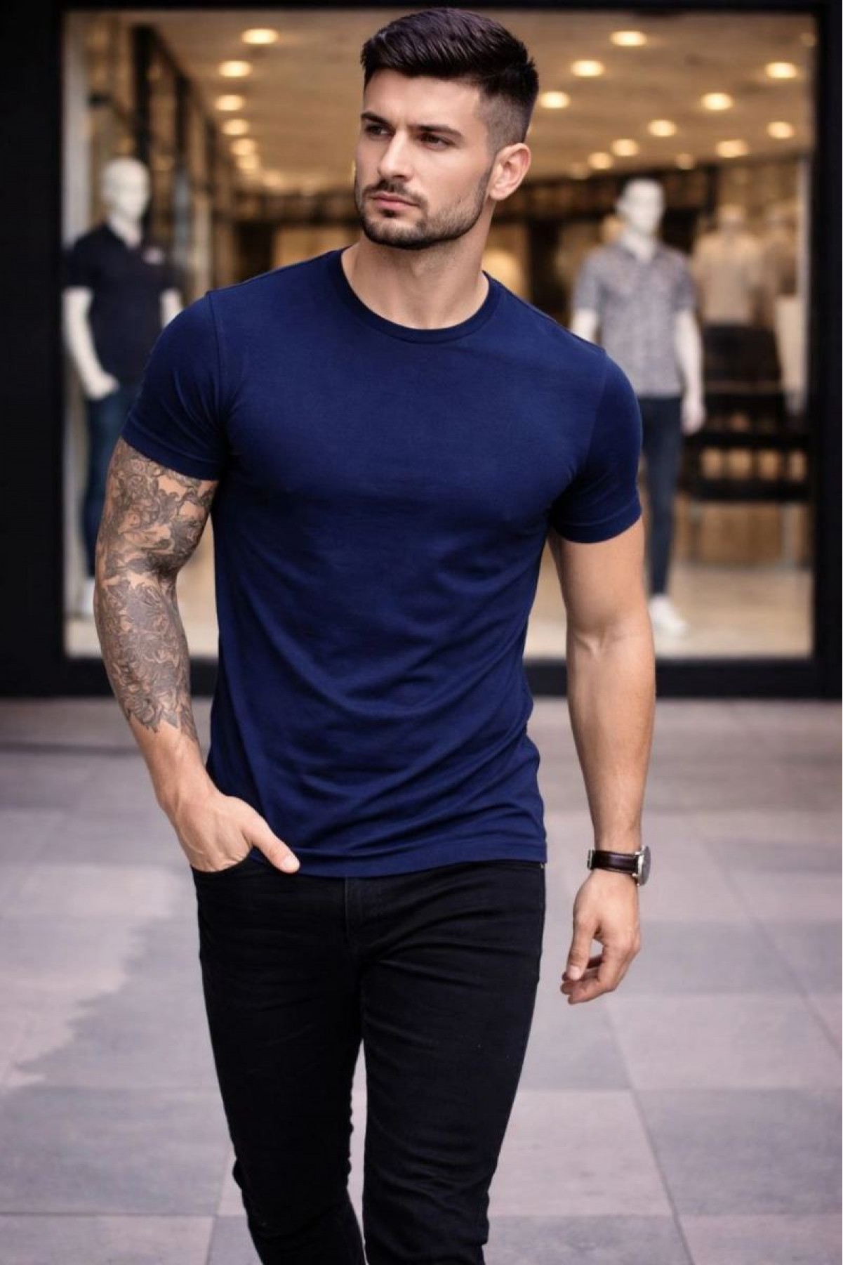 Erkek Body Tişört Bisiklet Yaka Slim Fit Likralı T-Shirt - Lacivert