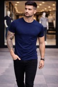 Erkek Body Tişört Bisiklet Yaka Slim Fit Likralı T-Shirt - Lacivert