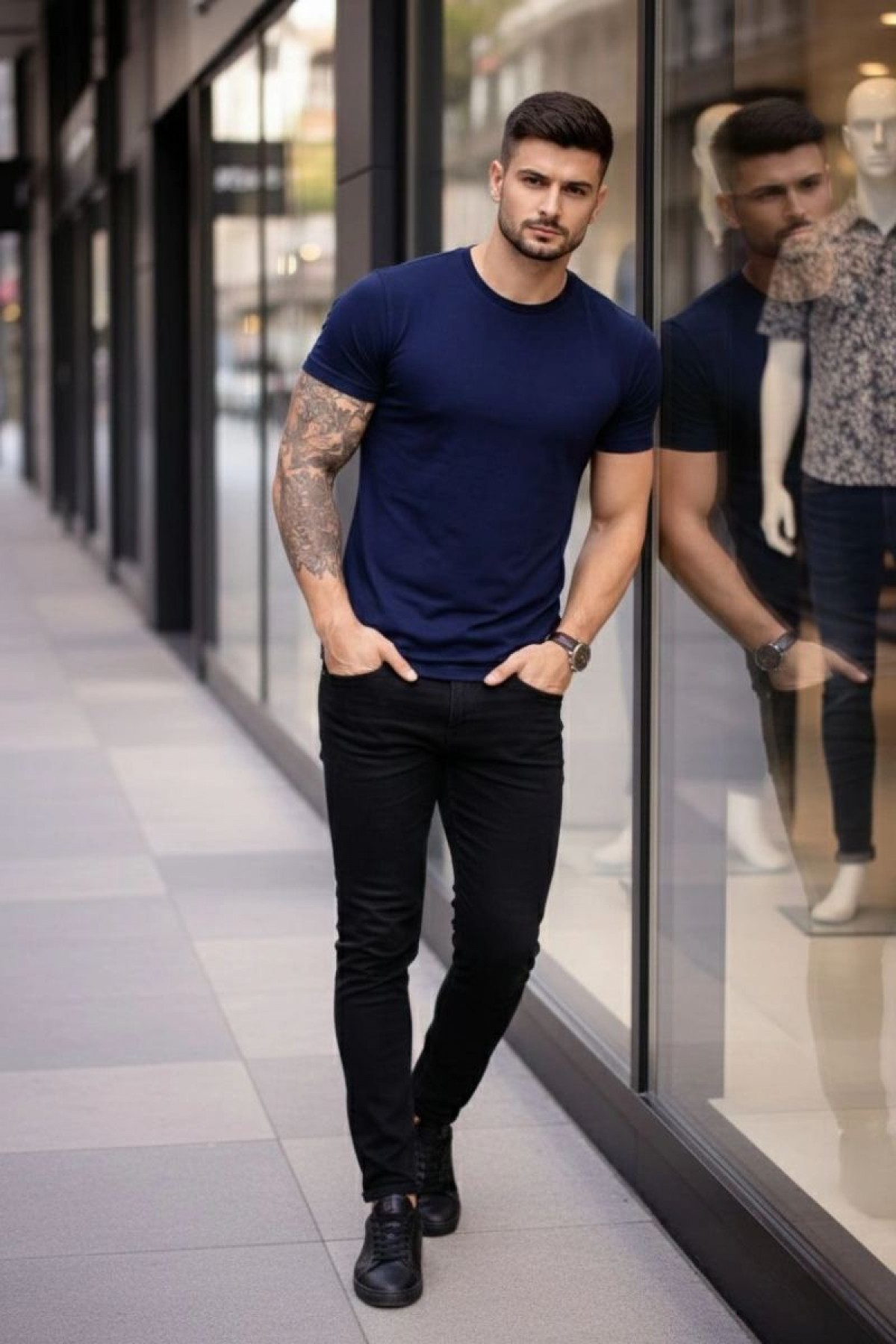 Erkek Body Tişört Bisiklet Yaka Slim Fit Likralı T-Shirt - Lacivert