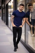 Erkek Body Tişört Bisiklet Yaka Slim Fit Likralı T-Shirt - Lacivert