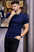 Erkek Body Tişört Bisiklet Yaka Slim Fit Likralı T-Shirt - Lacivert