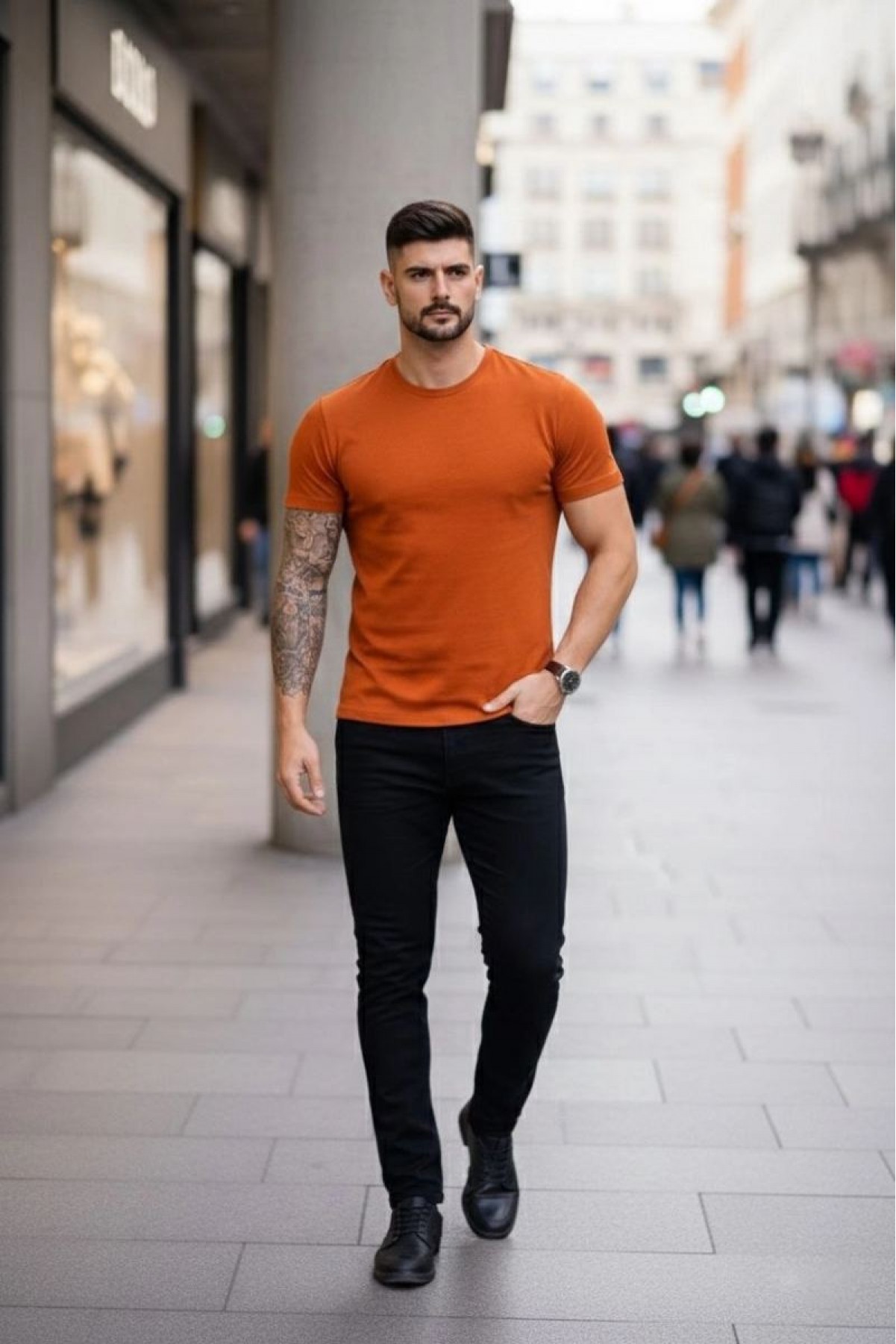 Erkek Body Tişört Bisiklet Yaka Slim Fit Likralı T-Shirt - Koyu Turuncu