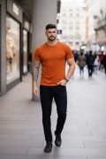 Erkek Body Tişört Bisiklet Yaka Slim Fit Likralı T-Shirt - Koyu Turuncu