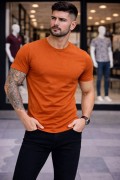 Erkek Body Tişört Bisiklet Yaka Slim Fit Likralı T-Shirt - Koyu Turuncu