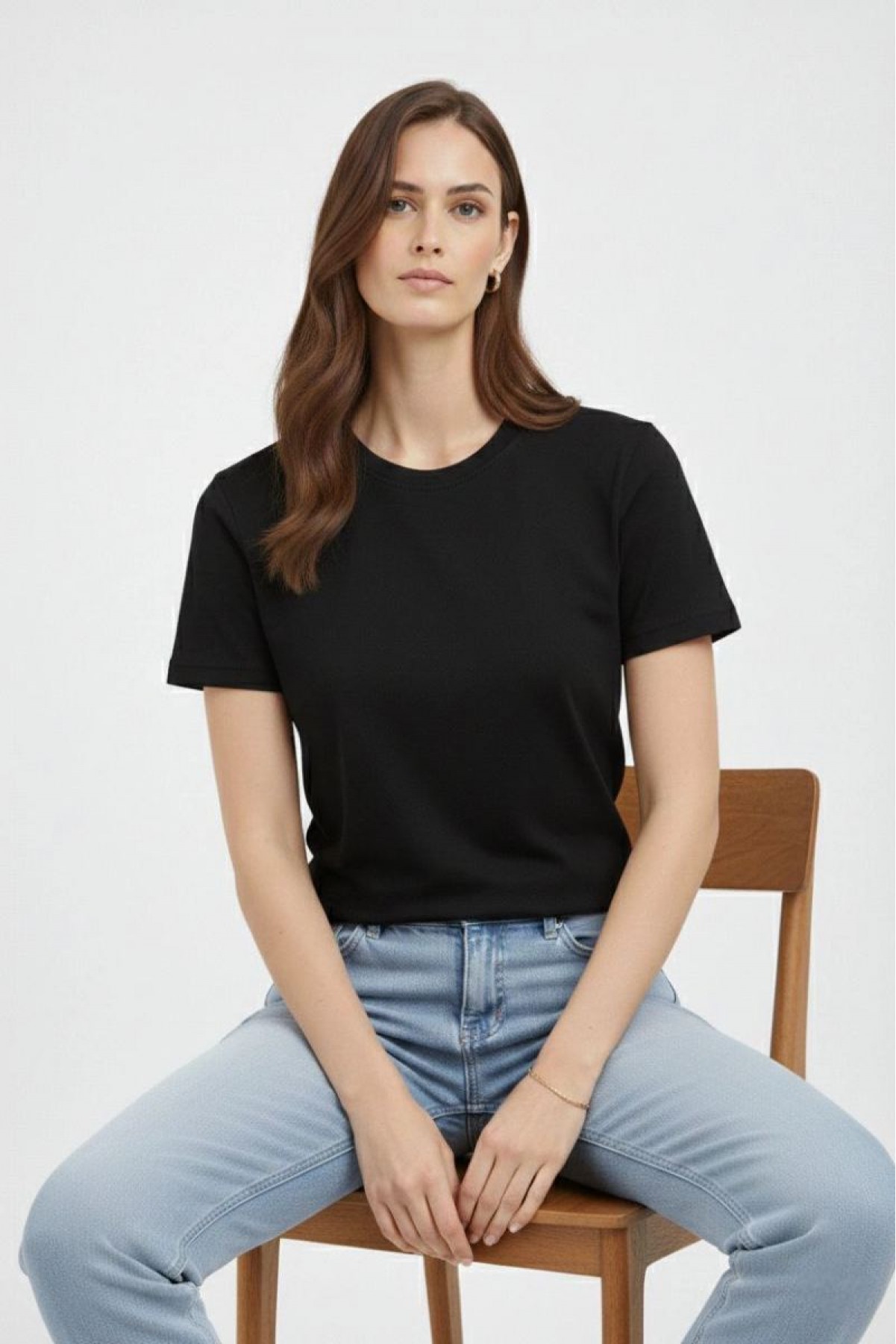 Kadın Bisiklet Yaka Yazlık Kısa kol Düz Tişört Regular Kalıp T-shirt - Siyah