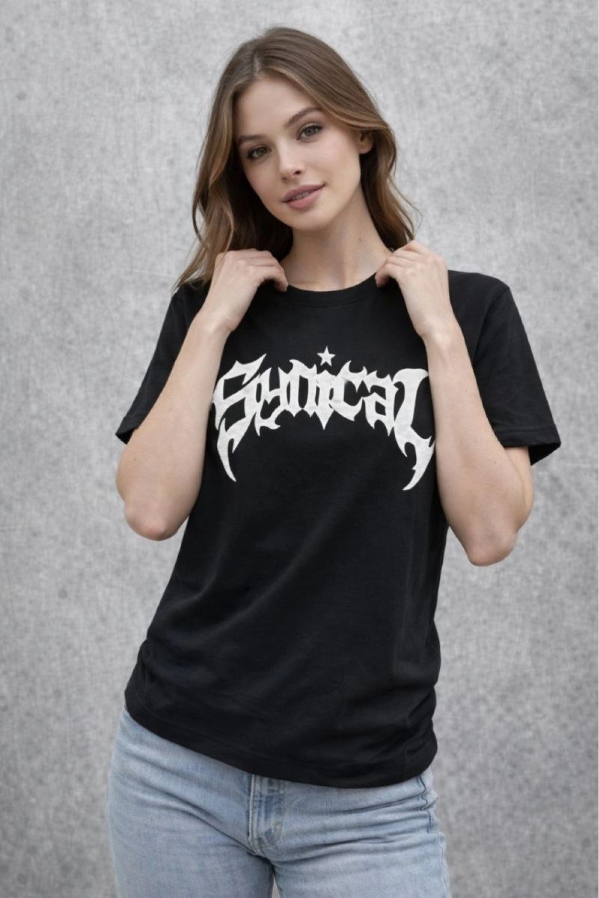 Kadın Kısa Kol Yazlık Tişört Bisiklet Yaka Baskılı Oversize T-Shirt - Siyah