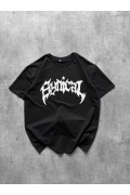 Kadın Kısa Kol Yazlık Tişört Bisiklet Yaka Baskılı Oversize T-Shirt - Siyah
