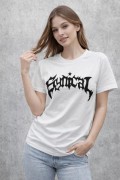 Kadın Kısa Kol Yazlık Tişört Bisiklet Yaka Baskılı Oversize T-Shirt - Beyaz