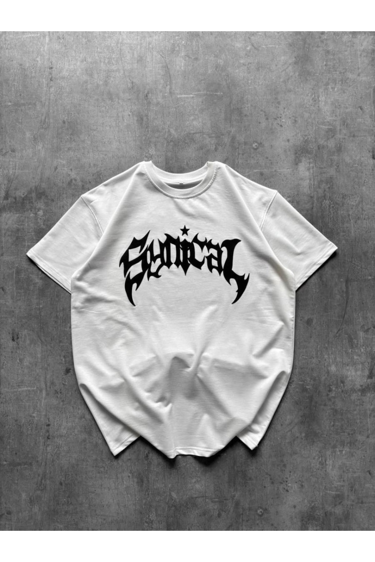 Kadın Kısa Kol Yazlık Tişört Bisiklet Yaka Baskılı Oversize T-Shirt - Beyaz