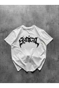 Kadın Kısa Kol Yazlık Tişört Bisiklet Yaka Baskılı Oversize T-Shirt - Beyaz