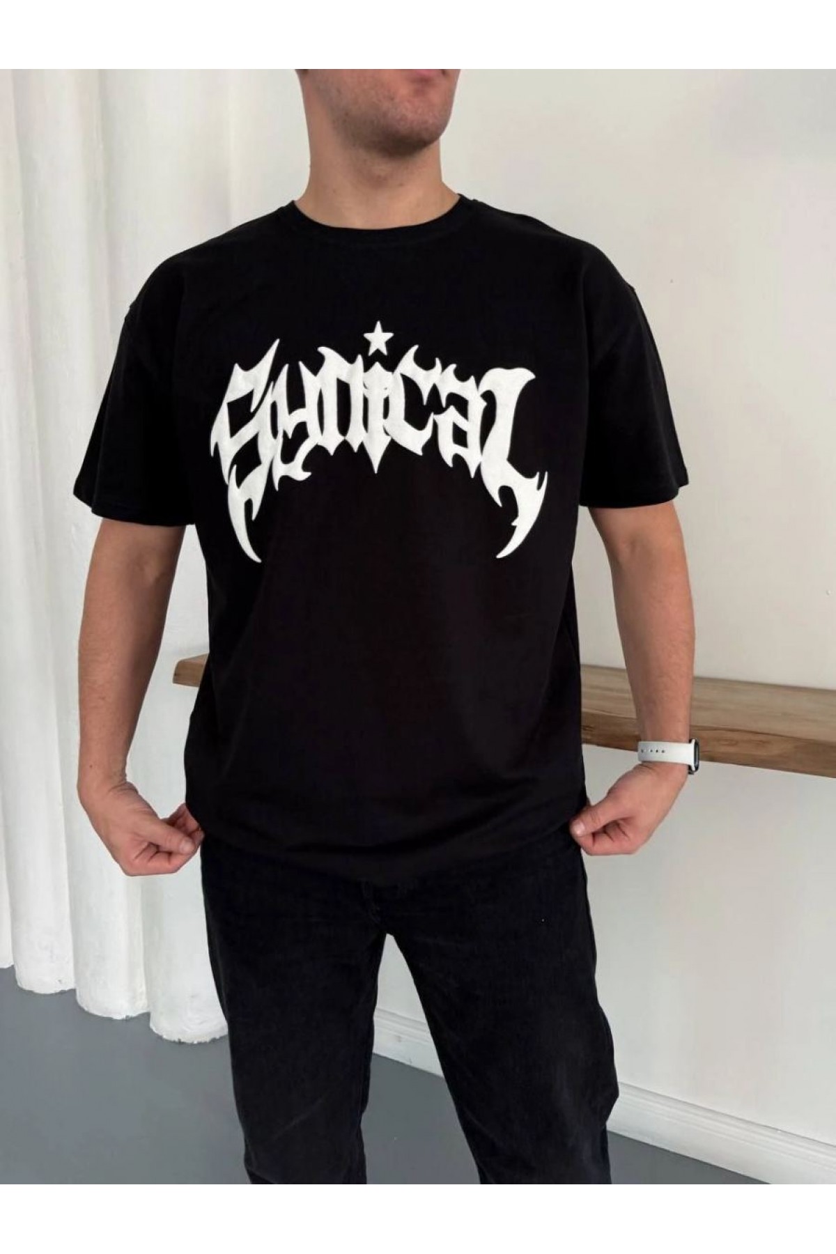 Erkek Kısa Kol Yazlık Tişört Bisiklet Yaka Baskılı Oversize T-Shirt - Siyah