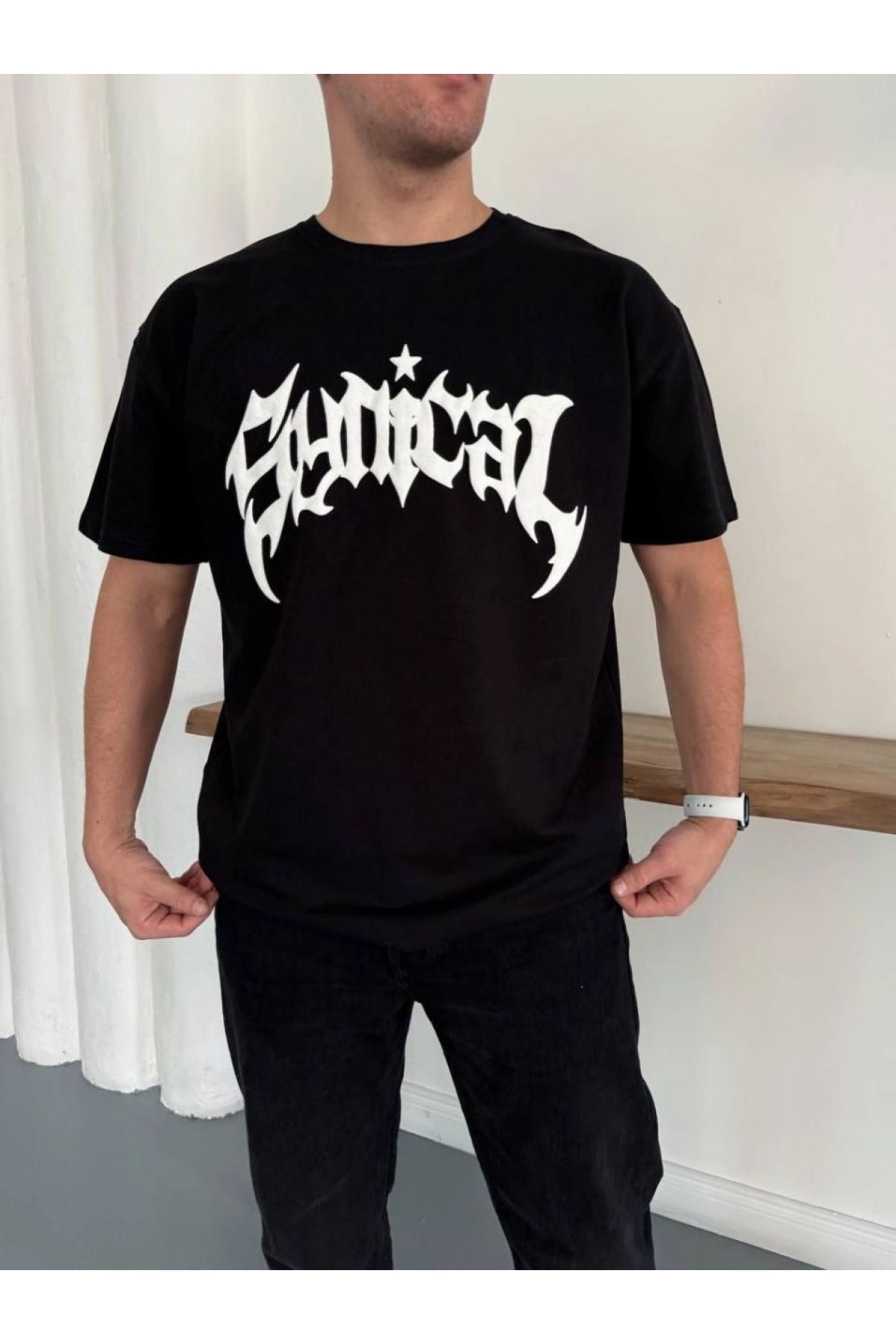 Erkek Kısa Kol Yazlık Tişört Bisiklet Yaka Baskılı Oversize T-Shirt - Siyah