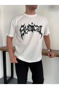 Erkek Kısa Kol Yazlık Tişört Bisiklet Yaka Baskılı Oversize T-Shirt - Beyaz