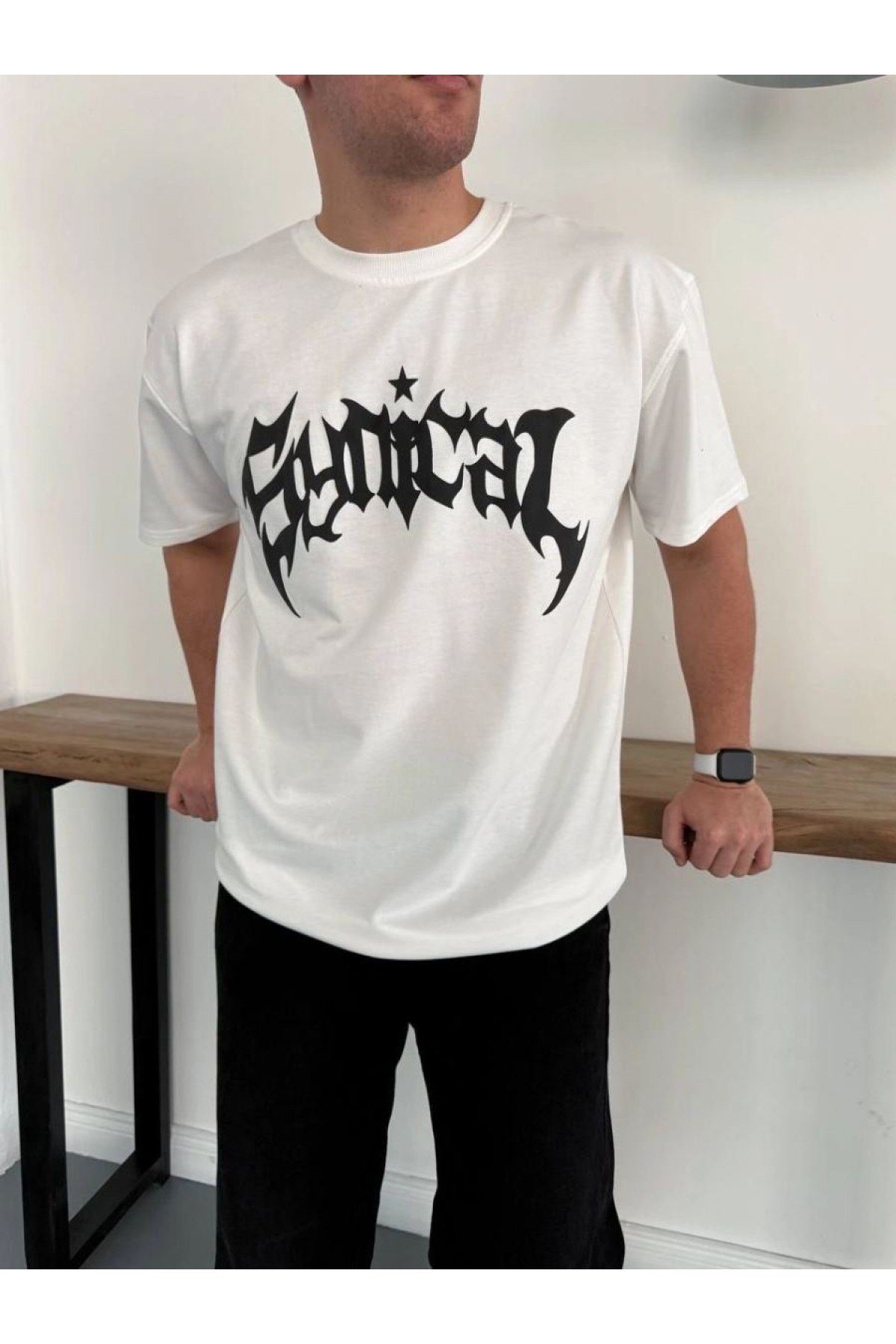 Erkek Kısa Kol Yazlık Tişört Bisiklet Yaka Baskılı Oversize T-Shirt - Beyaz