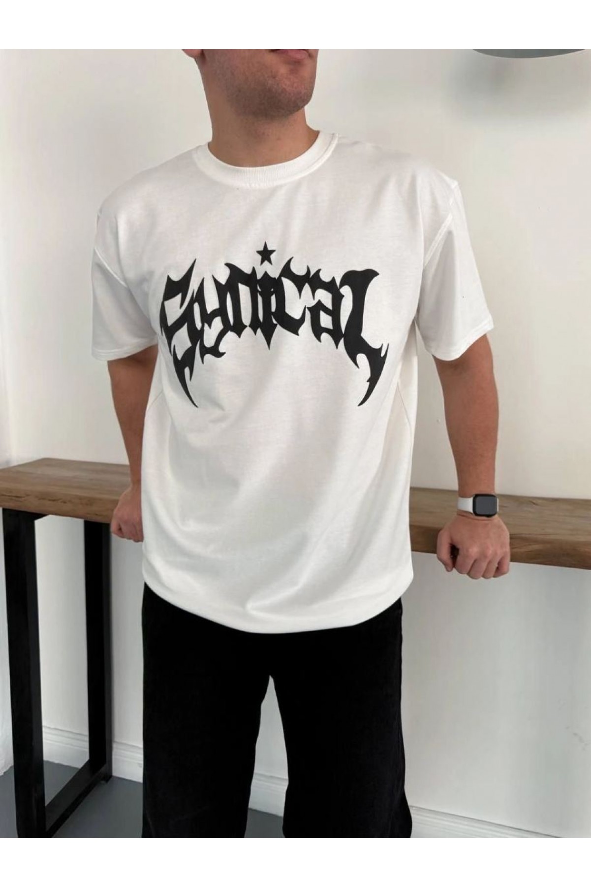 Erkek Kısa Kol Yazlık Tişört Bisiklet Yaka Baskılı Oversize T-Shirt - Beyaz